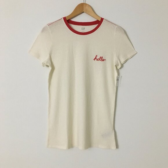 NEW! GAP embroidered HELLO Creamy Off-White ringer style t-shirt  - S Tall - Picture 2 of 7